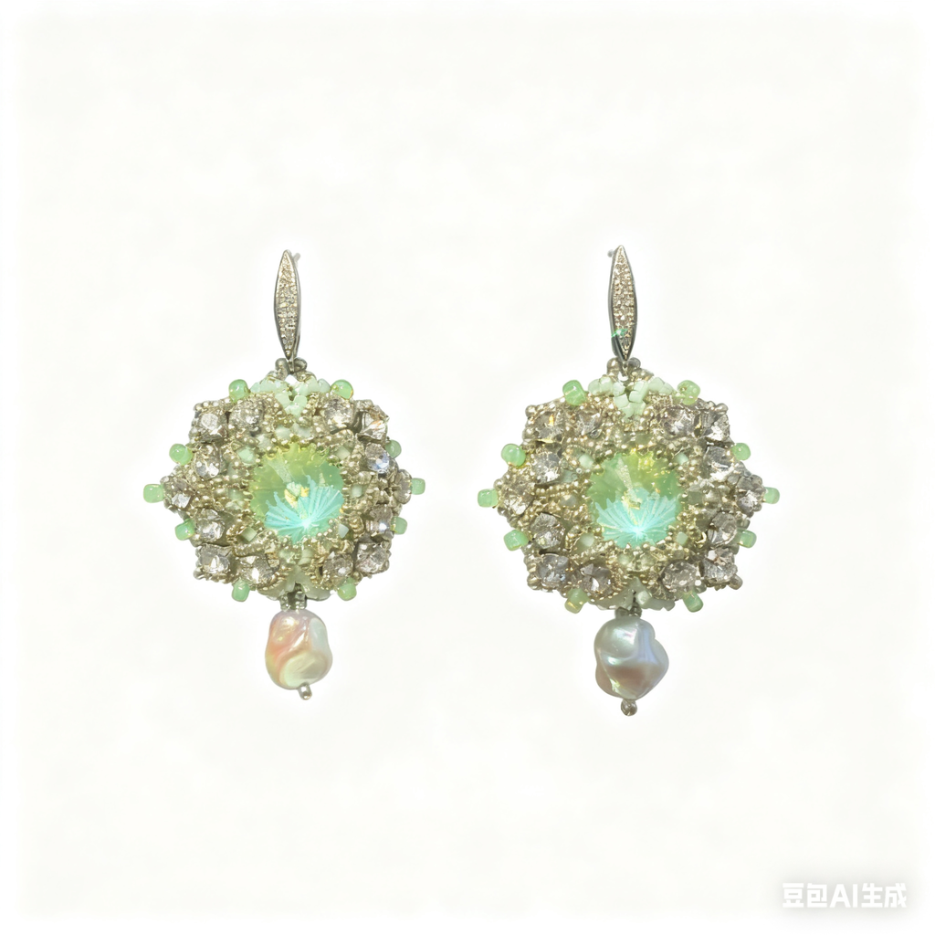 Exquisite Handmade Beaded Earrings: Mint Green Crystal with Baroque Pearl Drop