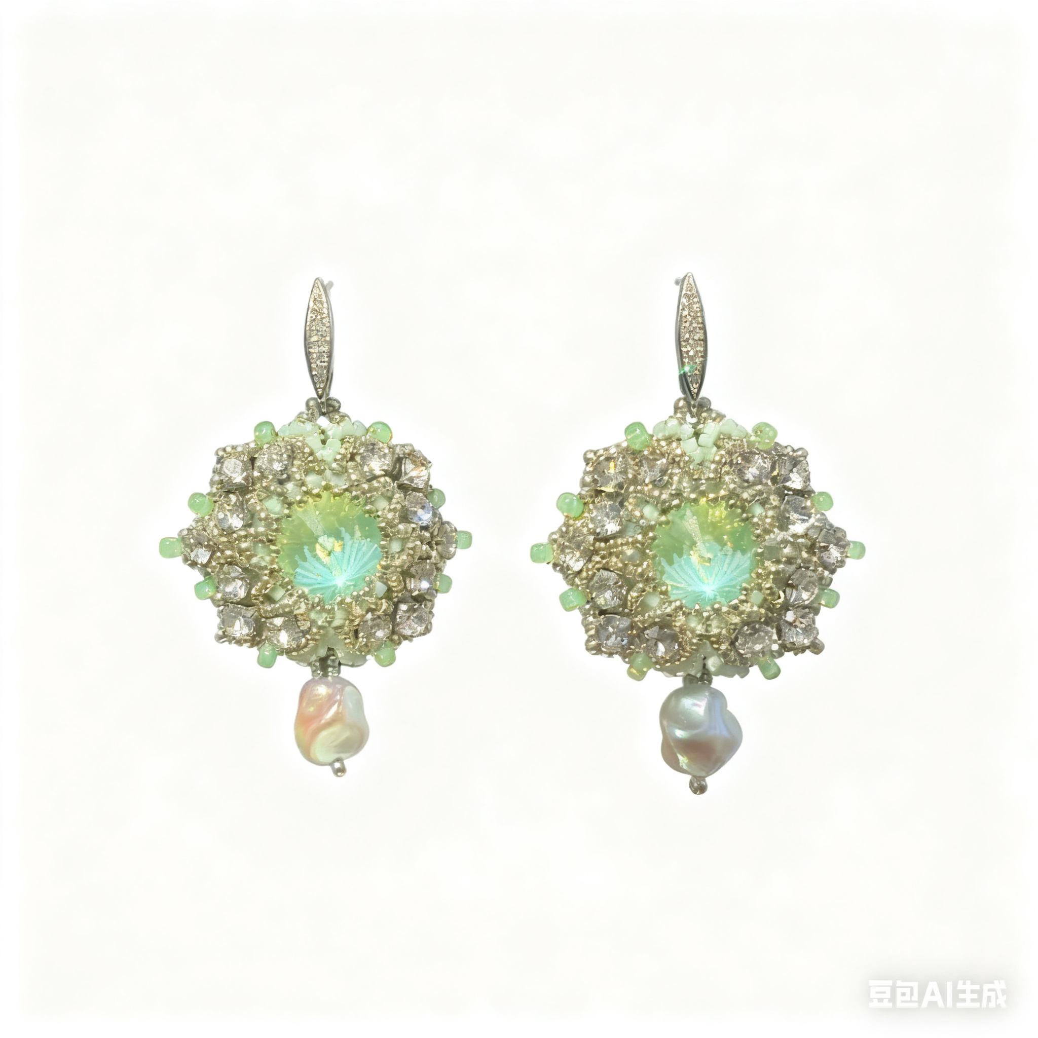 Exquisite Handmade Beaded Earrings: Mint Green Crystal with Baroque Pearl Drop