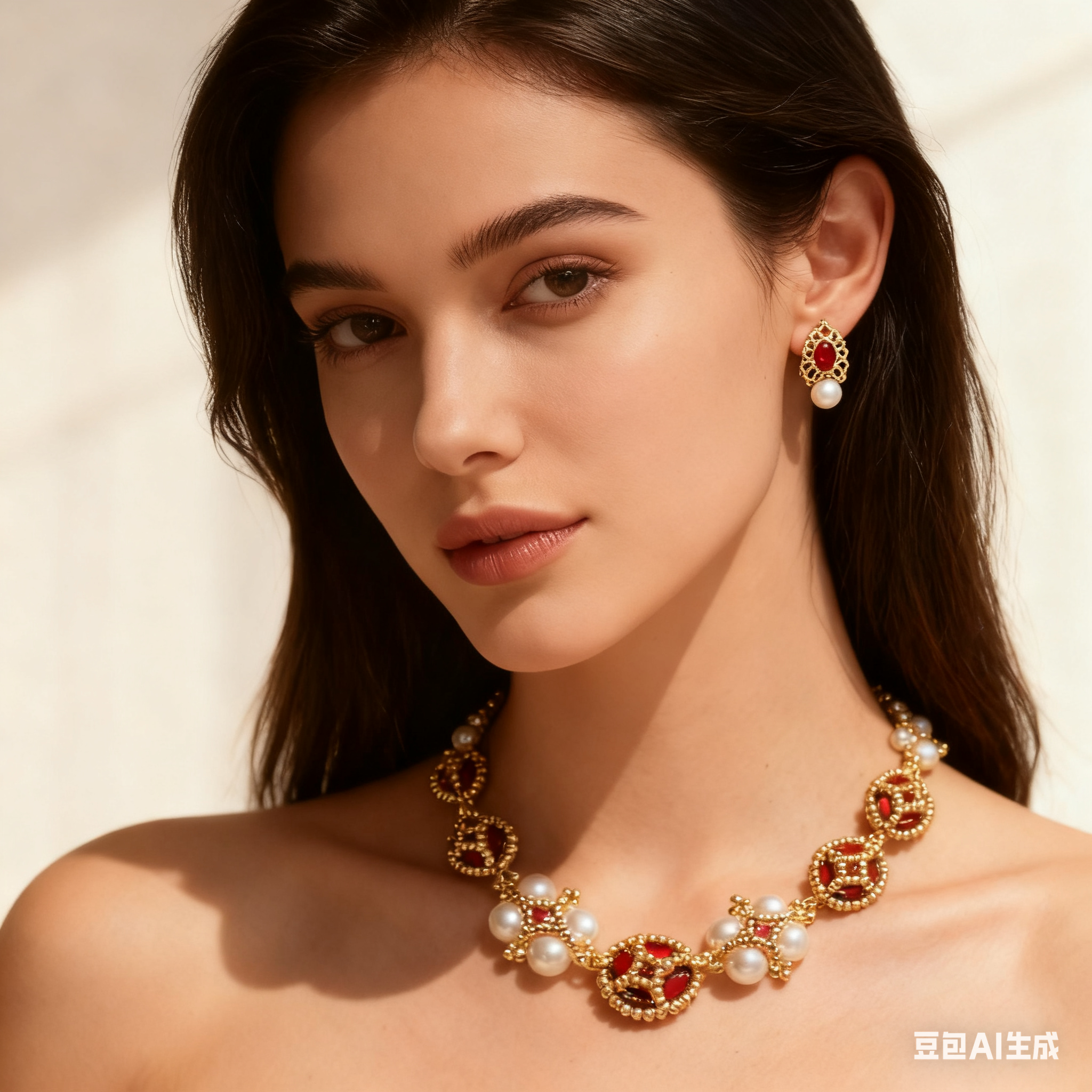 Exquisite Beaded Jewelry Set: Earrings and Bracelet with Pearl, Red Accent, and Golden Detailing