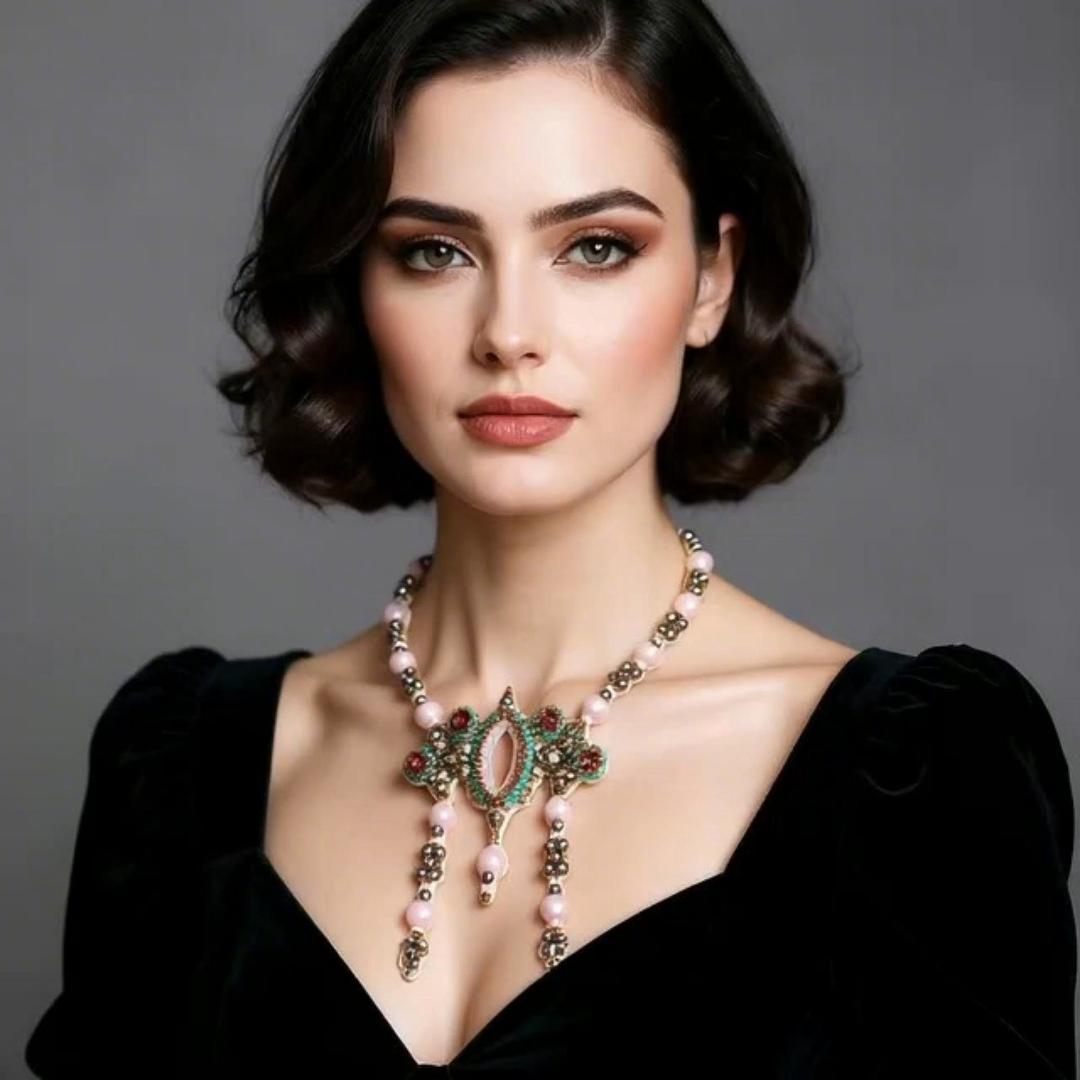Elegant Woman Adorned with Exquisite Vintage-style Statement Necklace
