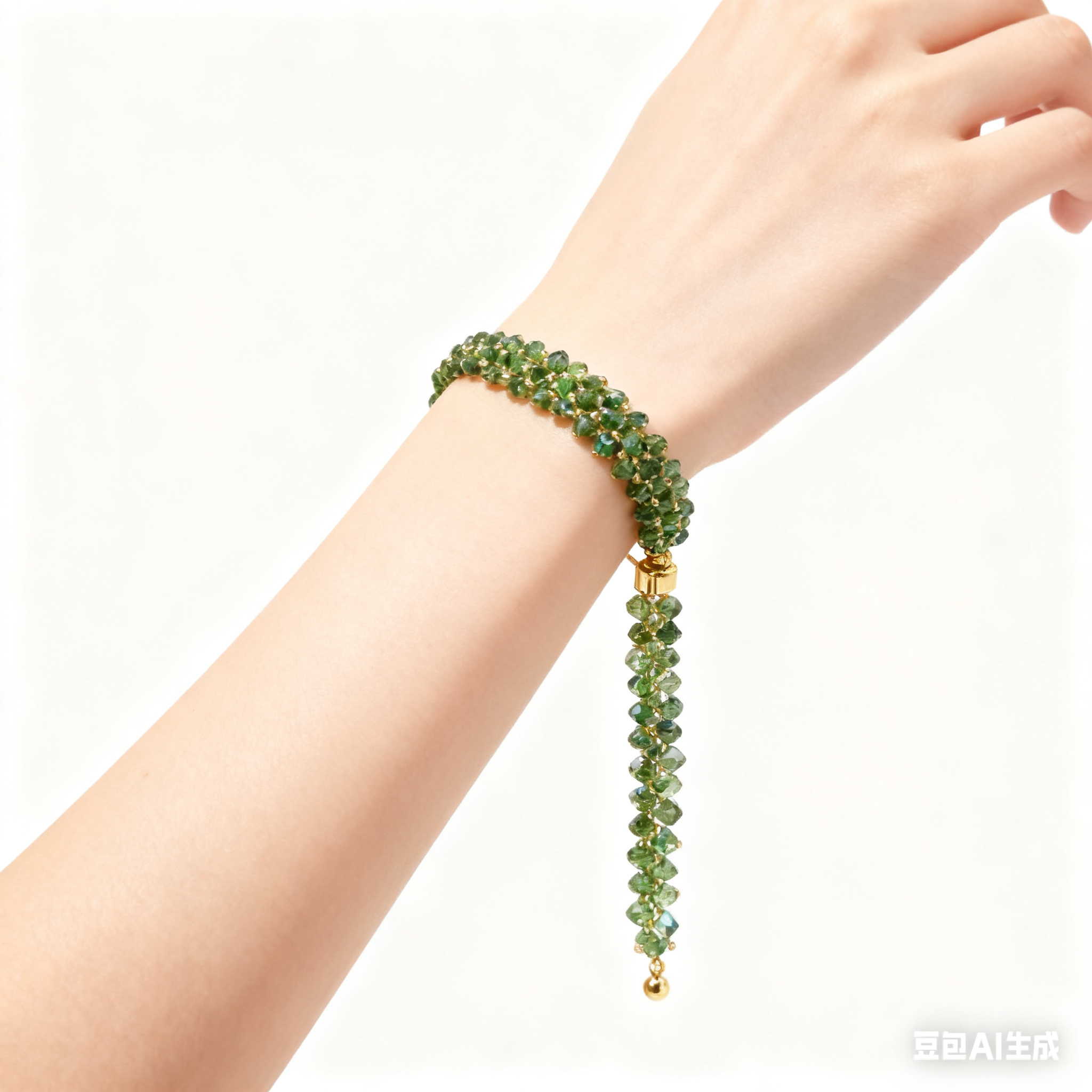 Handmade Green Crystal Beaded Bracelet with Golden Accents
