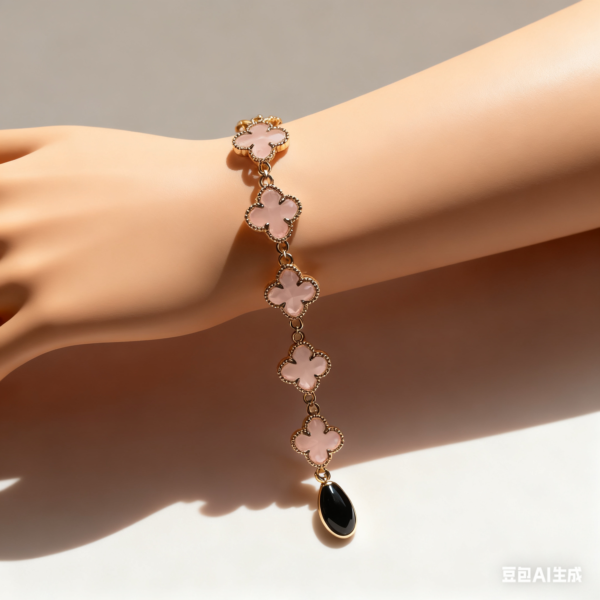 Exquisite Pink Clover-shaped Bracelet with Gold Accents