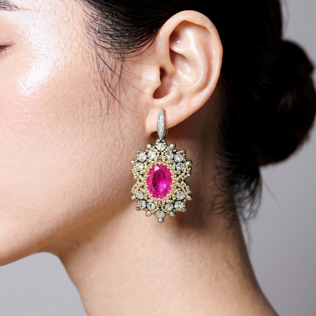Exquisite Vintage-Style Drop Earrings with Oval Pink Gemstone and Sparkling Crystals