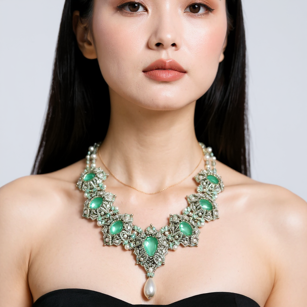 Vintage-Inspired Statement Necklace with Emerald-Green Gemstones and Pearl Accents